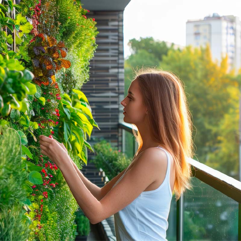 femme sur sa terrasse végétalisée en ville